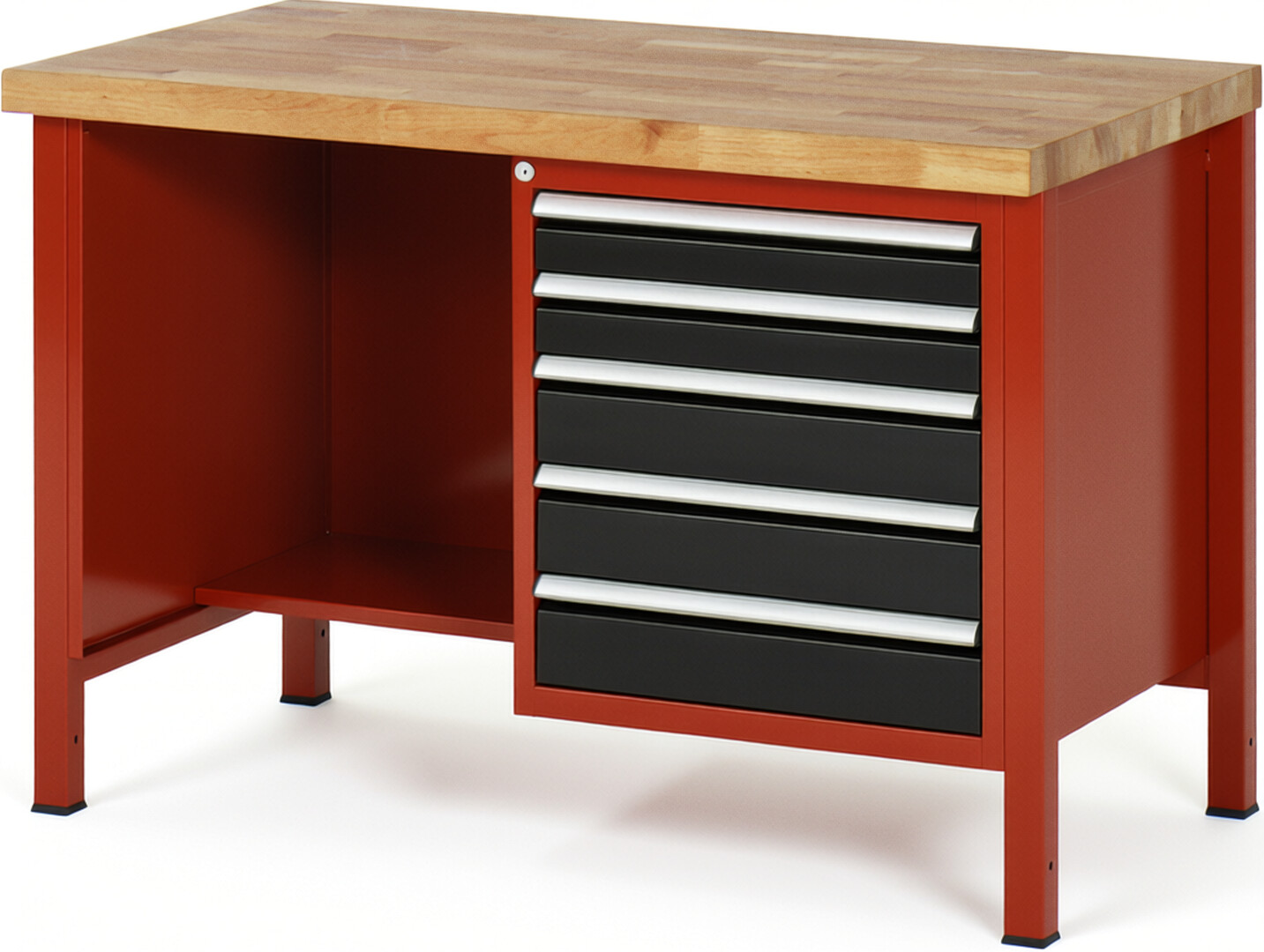 Werkbank Modell 8454 rot - schwarz, BxTxH 1250x700x840 mm,  Buche-Massiv Arbeitsplatte 40 mm,  5 Schubladen mit  Auszug 90 %