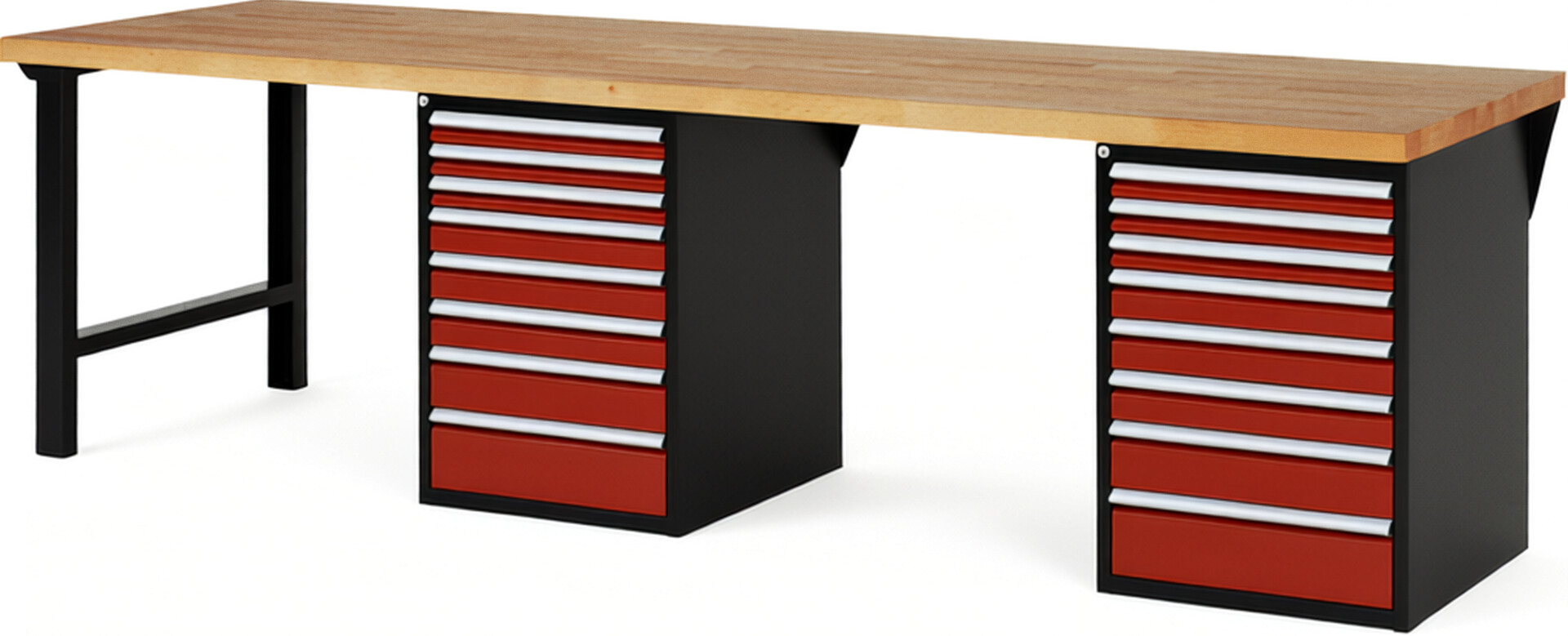 Werkbank Modell 7519 schwarz-rot, BxTxH 3000x900x840 mm,  Buche-Massiv Arbeitsplatte 40 mm,  16 Schubladen mit  Auszug 90 %