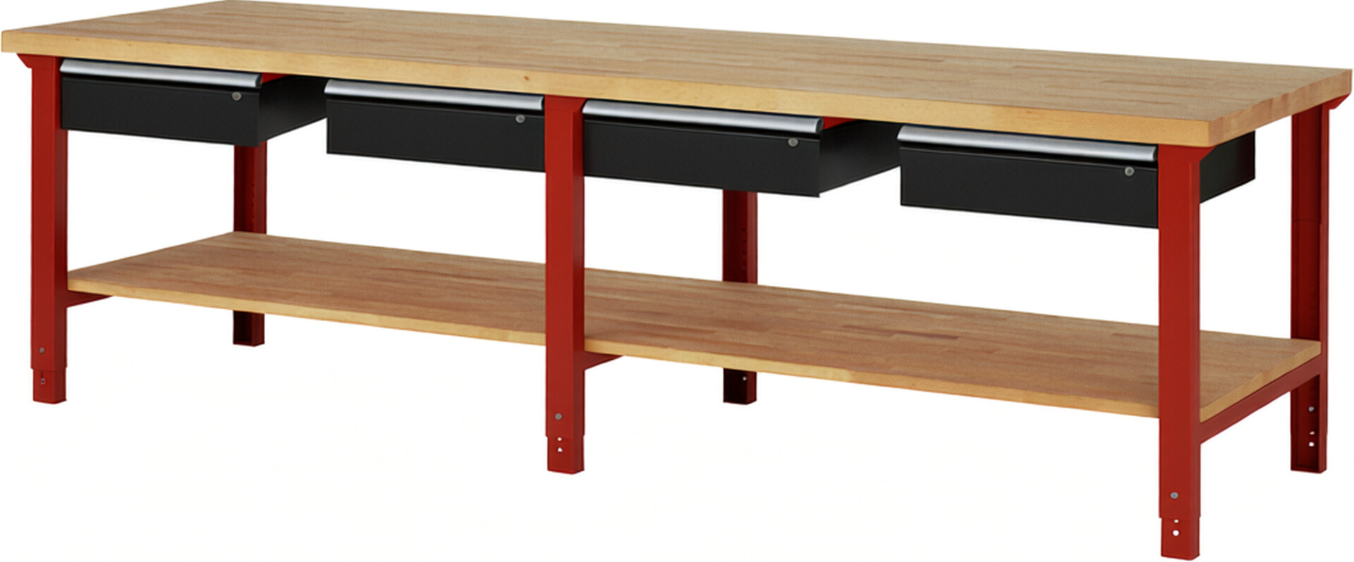 Werkbank Modell 7002 rot - schwarz, BxTxH 3000x900x790-1140 mm,  Buche-Massiv Arbeitsplatte 40 mm,  4 Schubladen mit  Auszug 90 %