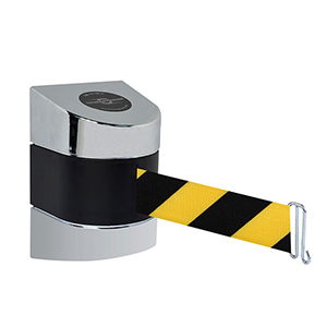 Wandkassette mit Rollgurt, Wandfixierung inkl. Wandanschluss, Gehäuse Kunststoff Chrom, Gurt 4,60 m, gelb/schwarz