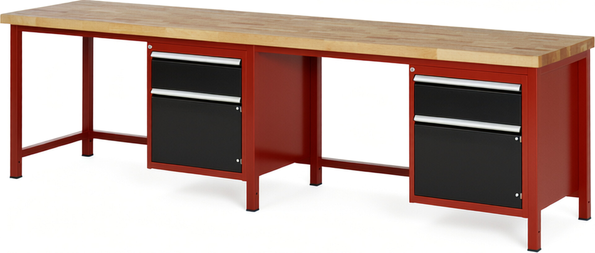 Werkbank Modell 8152 rot - schwarz, BxTxH 3000x700x840-1040 mm,  Buche-Massiv Arbeitsplatte 40 mm,  2 Schubladen mit  Auszug 90 %