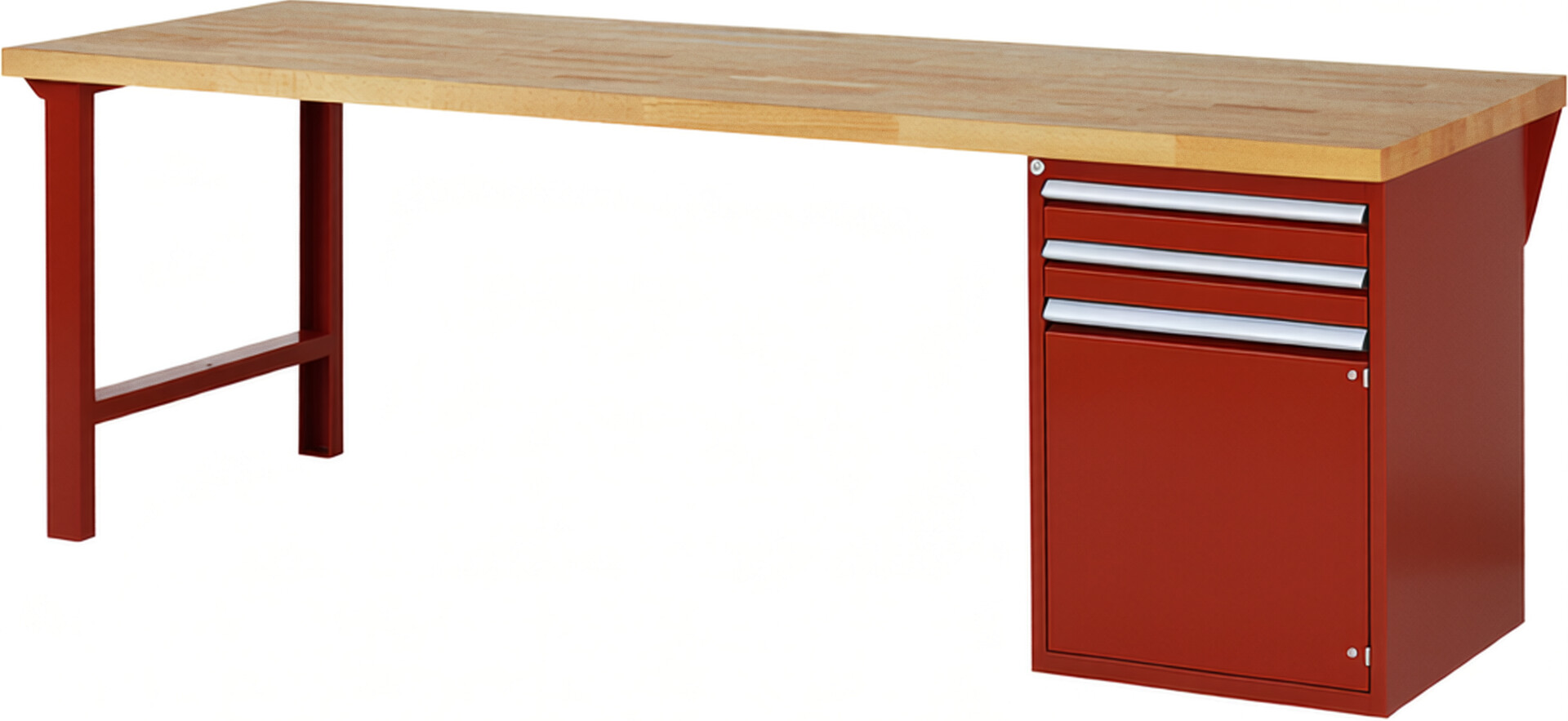 RAU Werkbank rot - Breite 250 cm - Tiefe 90 cm - Höhe 89 cm - Buche-Massiv Arbeitsplatte 40 mm