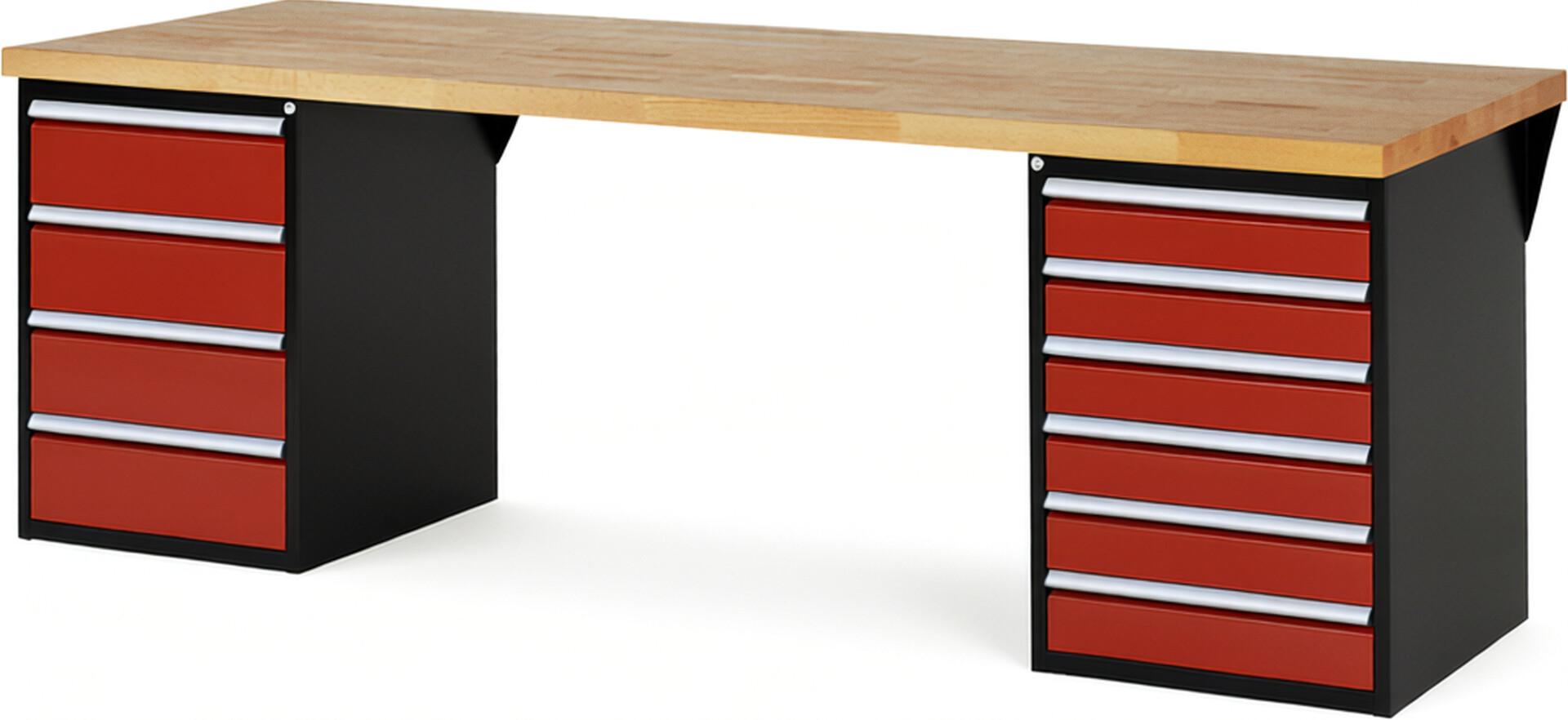 RAU Werkbank schwarz - rot - Breite 250 cm - Tiefe 90 cm - Höhe 89 cm - Buche-Massiv Arbeitsplatte 40 mm