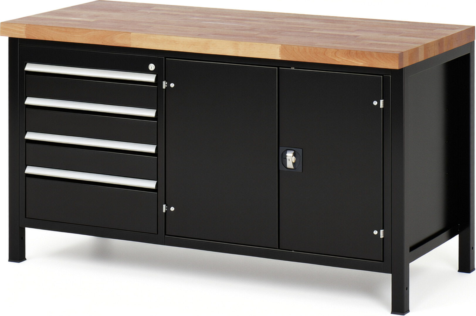 RAU Werkbank schwarz - Breite 150 cm - Tiefe 70 cm - Höhe 84 cm - Buche-Massiv Arbeitsplatte 40 mm