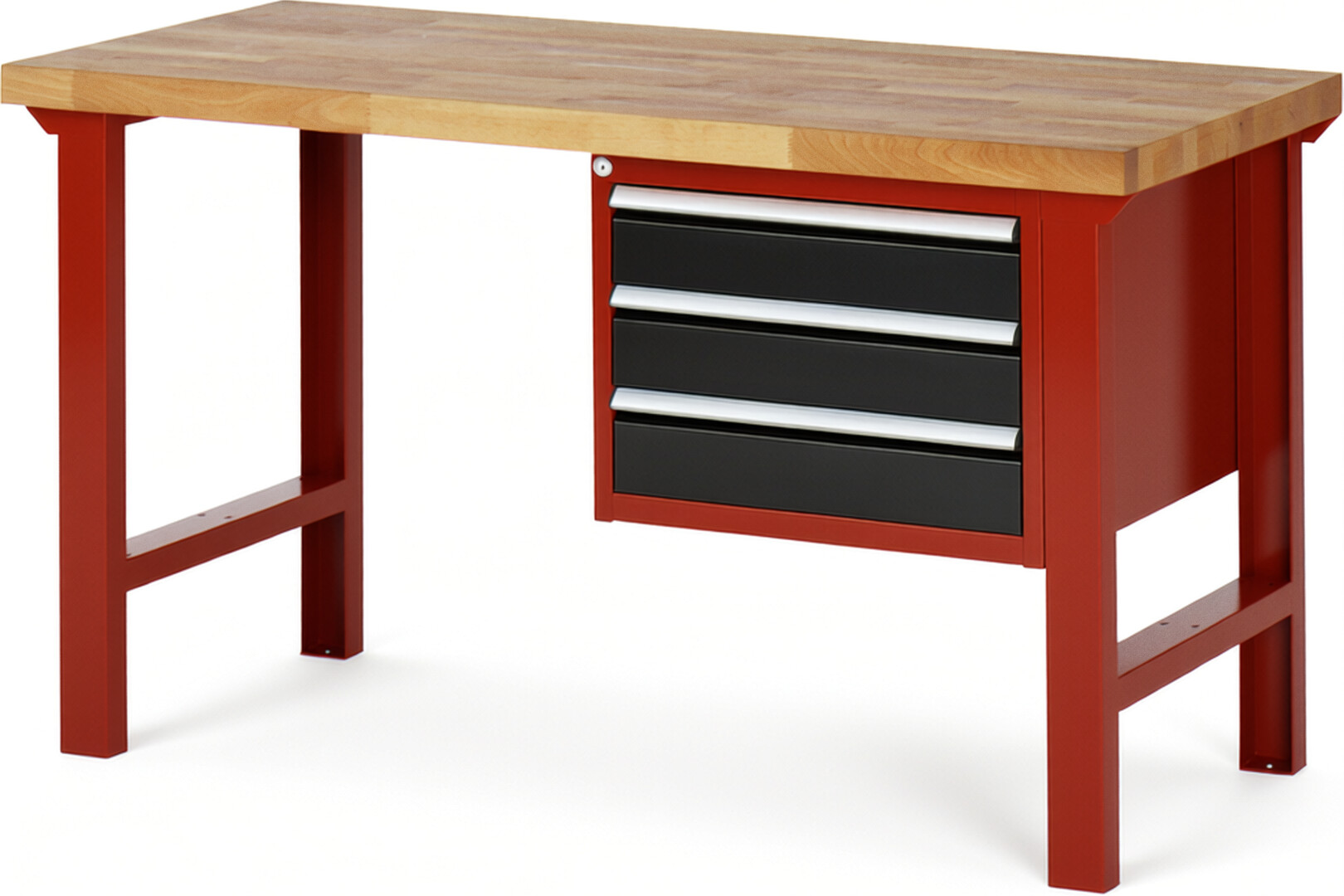 Werkbank Modell 7127 rot - schwarz, BxTxH 1500x700x840 mm,  Buche-Massiv Arbeitsplatte 40 mm,  3 Schubladen mit  Auszug 90 %