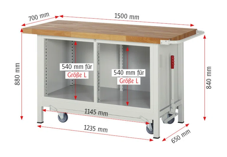 Absenkbare Werkbank Modell 8470 rot - schwarz, BxTxH 1500x700x880 mm,  Buche-Massiv Arbeitsplatte 40 mm,  4 Schubladen mit  Vollauszug 100 % und  SoftClosing