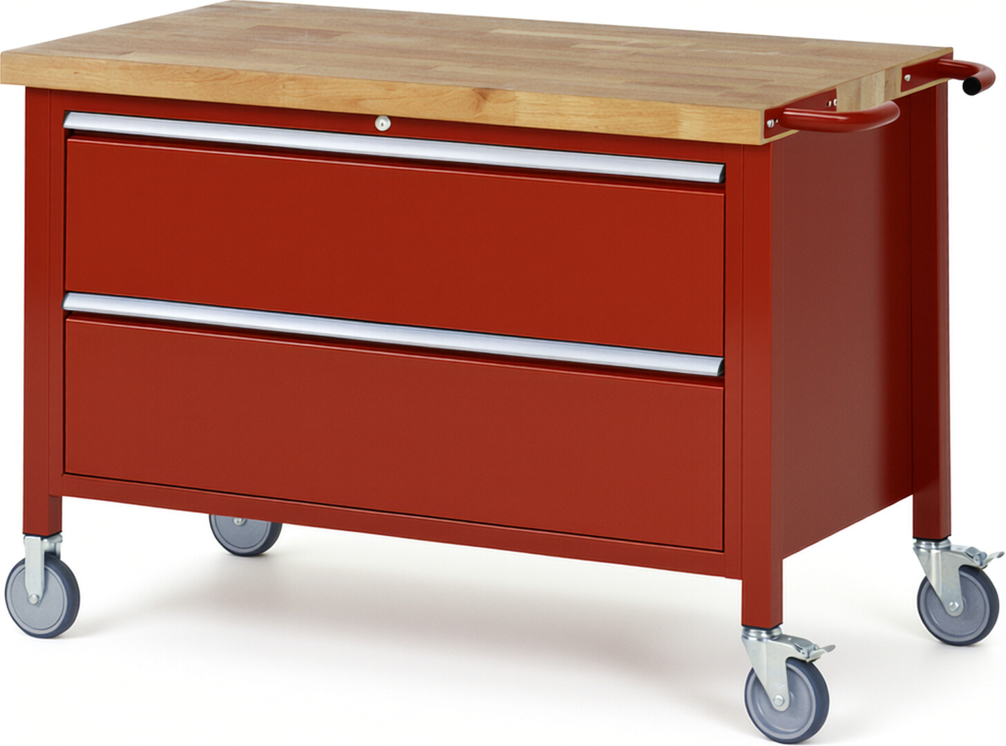 Fahrbare Werkbank Modell 8355 rot, BxTxH 1250x700x880 mm,  Buche-Massiv Arbeitsplatte 40 mm,  2 Schubladen mit  Vollauszug 100 % und  SoftClosing