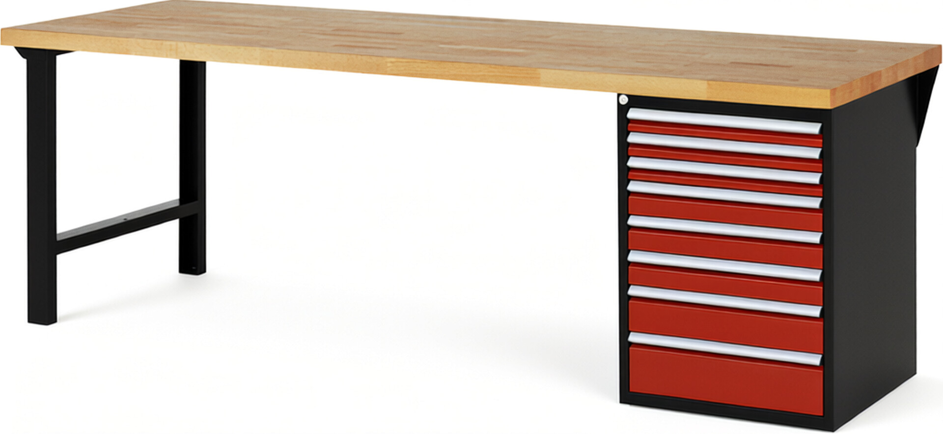 RAU Werkbank schwarz - rot - Breite 250 cm - Tiefe 90 cm - Höhe 89 cm - Buche-Massiv Arbeitsplatte 40 mm