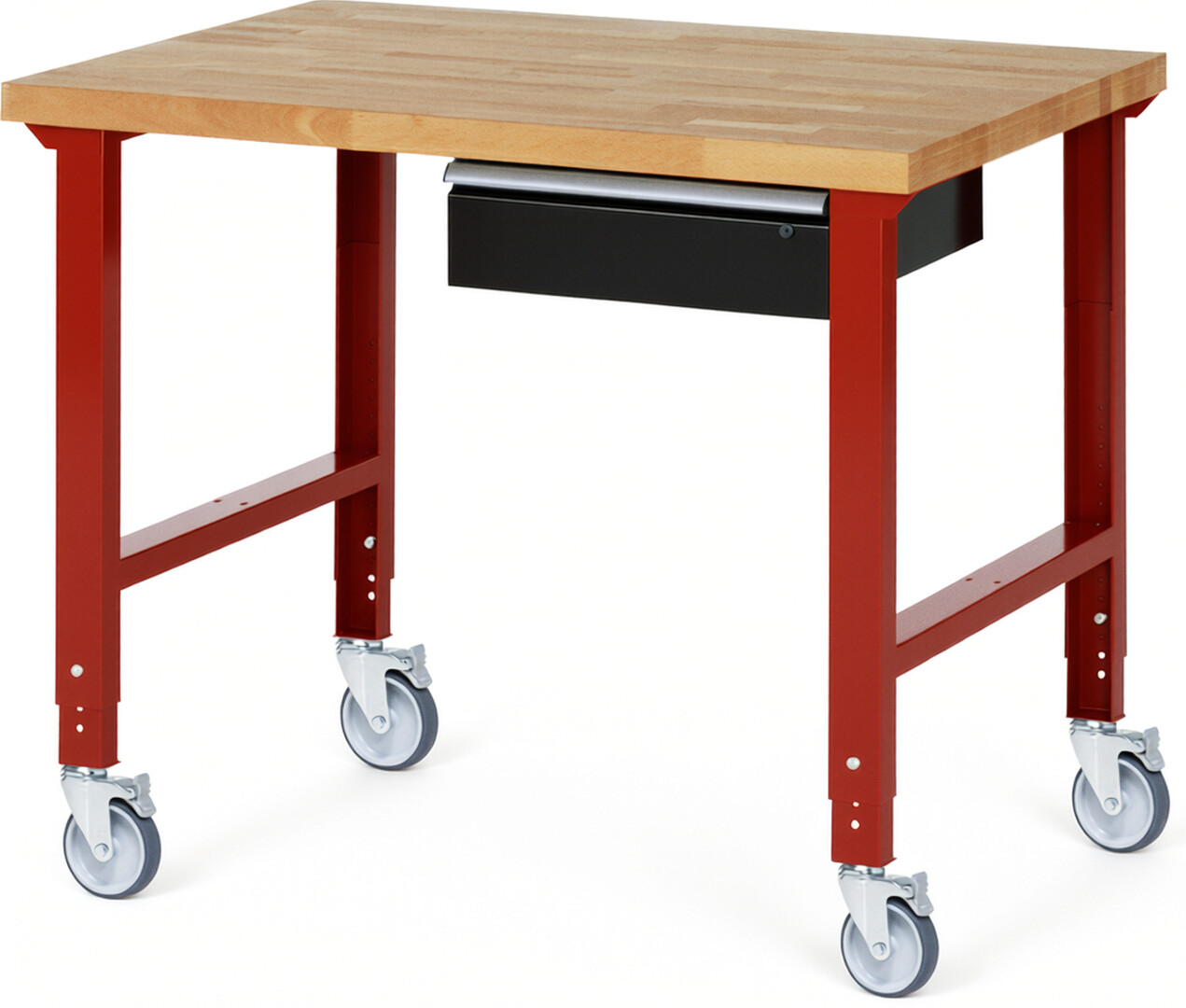 Fahrbare Werkbank Modell 7001 rot - schwarz, BxTxH 1250x900x950-1000 mm,  Buche-Massiv Arbeitsplatte 40 mm,  1 Schublade mit  Auszug 90 %