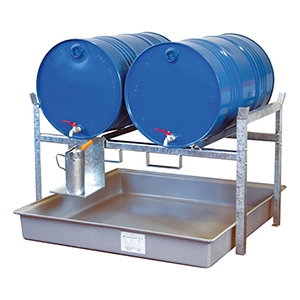 Fassregal, Stahl verzinkt, mit Fassauflage für 2x200-l-Fässer, GFK-Auffangwanne Auffangvolumen 220 l, BxTxH 1410x1280x840 mm