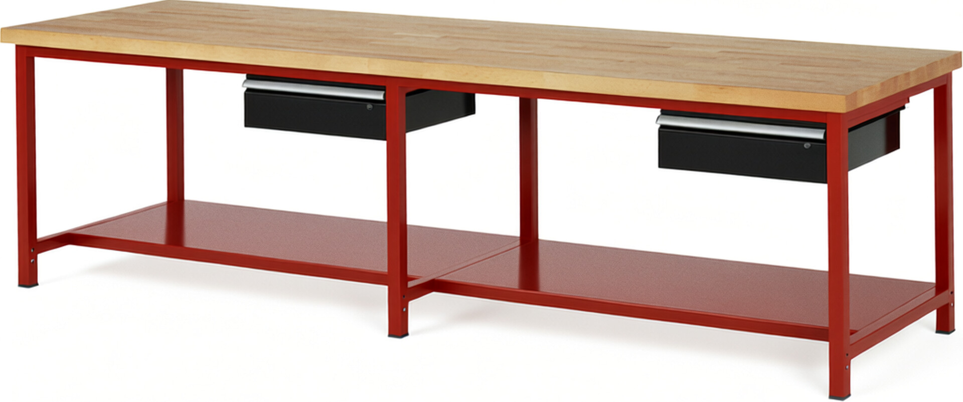 Werkbank Modell 8001 rot - schwarz, BxTxH 3000x900x840 mm,  Buche-Massiv Arbeitsplatte 40 mm,  2 Schubladen mit  Auszug 90 %
