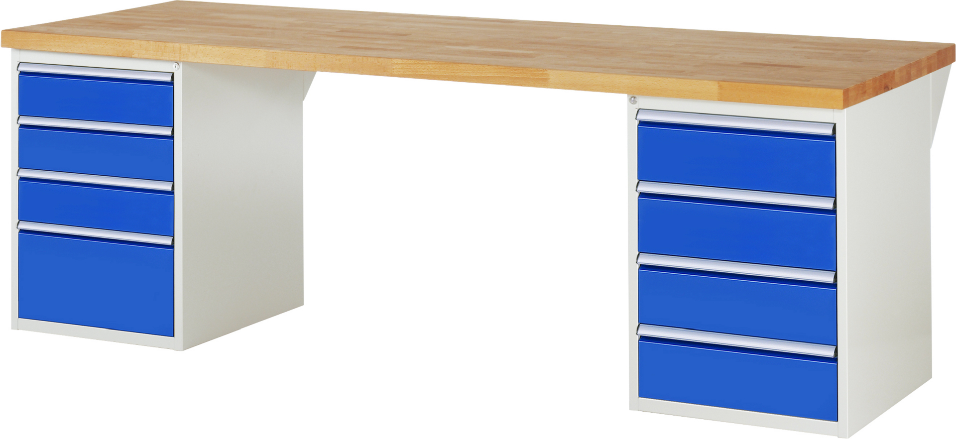 Werkbank Modell 7820 rot - schwarz, BxTxH 2500x900x890 mm,  Buche-Massiv Arbeitsplatte 40 mm,  8 Schubladen mit  Vollauszug 100 % und  SoftClosing