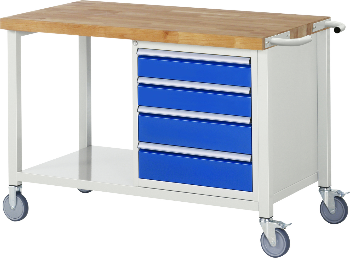 Fahrbare Werkbank Modell 8162 schwarz, BxTxH 1250x700x880 mm,  Buche-Massiv Arbeitsplatte 40 mm,  4 Schubladen mit  Auszug 90 %