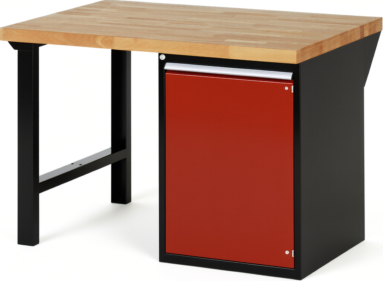 RAU Werkbank schwarz - rot - Breite 125 cm - Tiefe 90 cm - Höhe 84 cm - Buche-Massiv Arbeitsplatte 40 mm