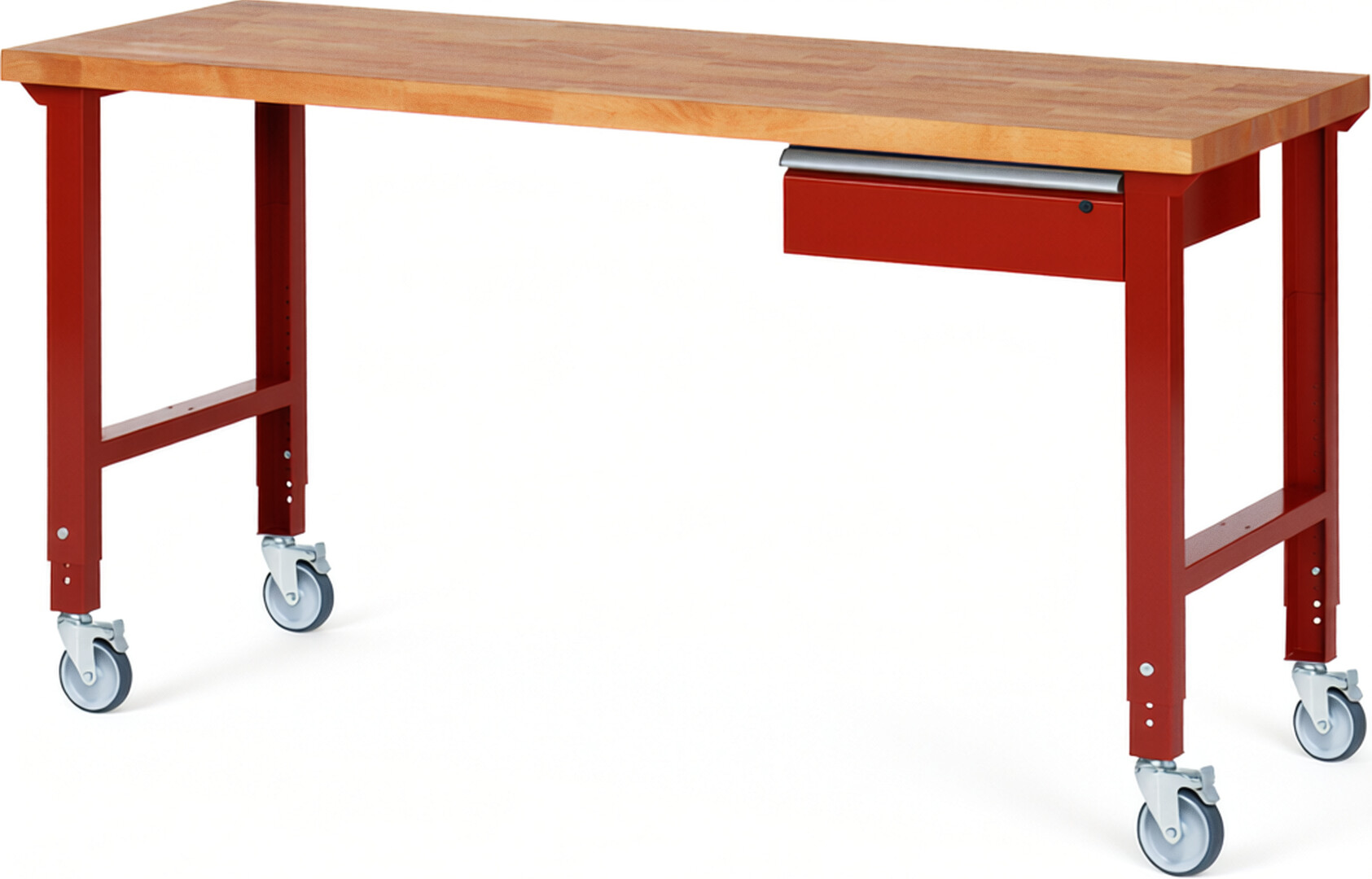 Fahrbare Werkbank Modell 7001 rot, BxTxH 2000x700x950-1000 mm,  Buche-Massiv Arbeitsplatte 40 mm,  1 Schublade mit  Auszug 90 %
