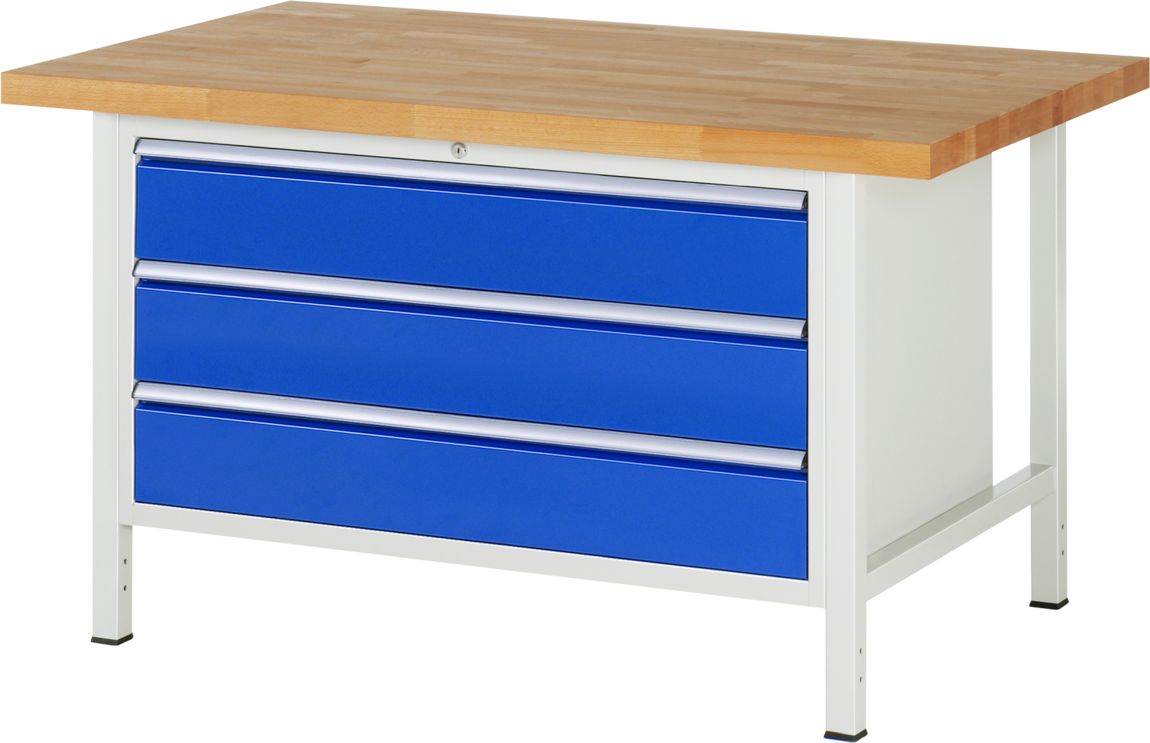 Werkbank Modell 8357,  BxTxH 1500x900x840 mm,  Buche-Massiv Arbeitsplatte 40 mm,  3 Schubladen mit  Auszug 90 %