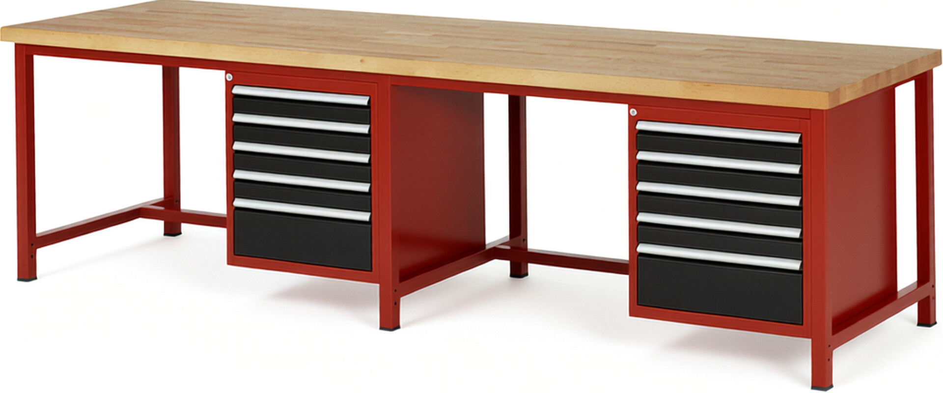 Werkbank Modell 8168 rot - schwarz, BxTxH 3000x900x840 mm,  Buche-Massiv Arbeitsplatte 40 mm,  10 Schubladen mit  Vollauszug 100 % und  SoftClosing