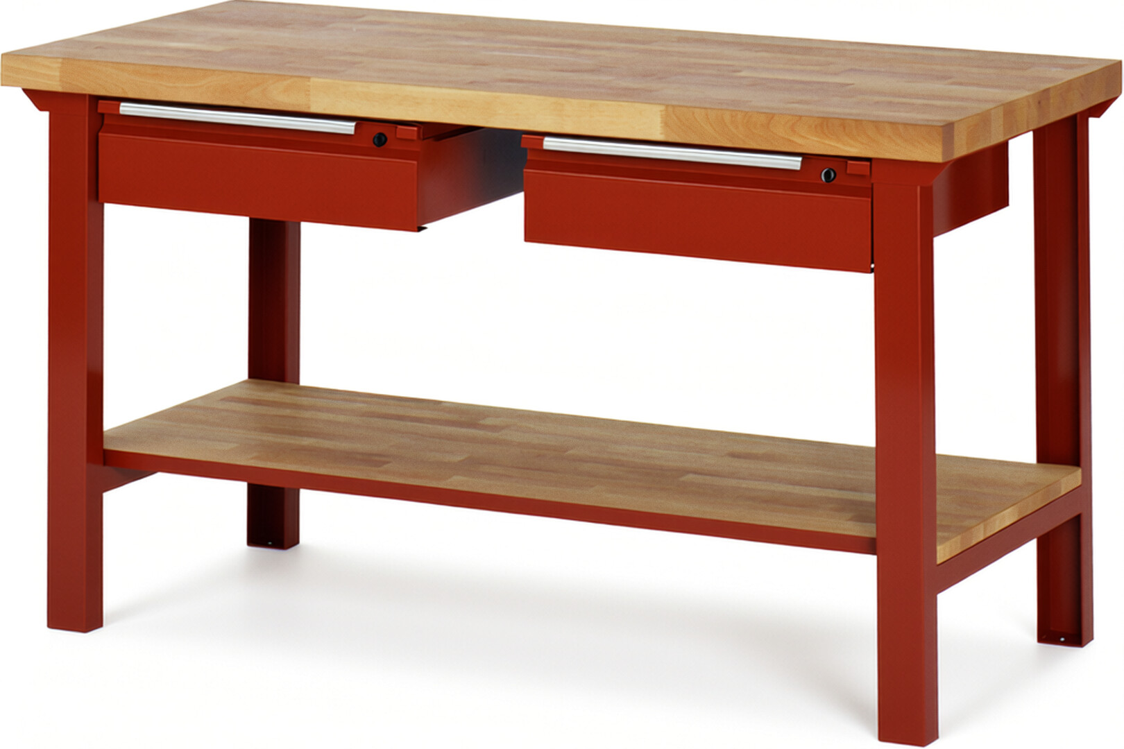 Werkbank - Modell 7002 BASIC rot, BxTxH 1500x700x840 mm,  Buche-Massiv Arbeitsplatte 40 mm,  2 Schubladen mit  Auszug 90 %