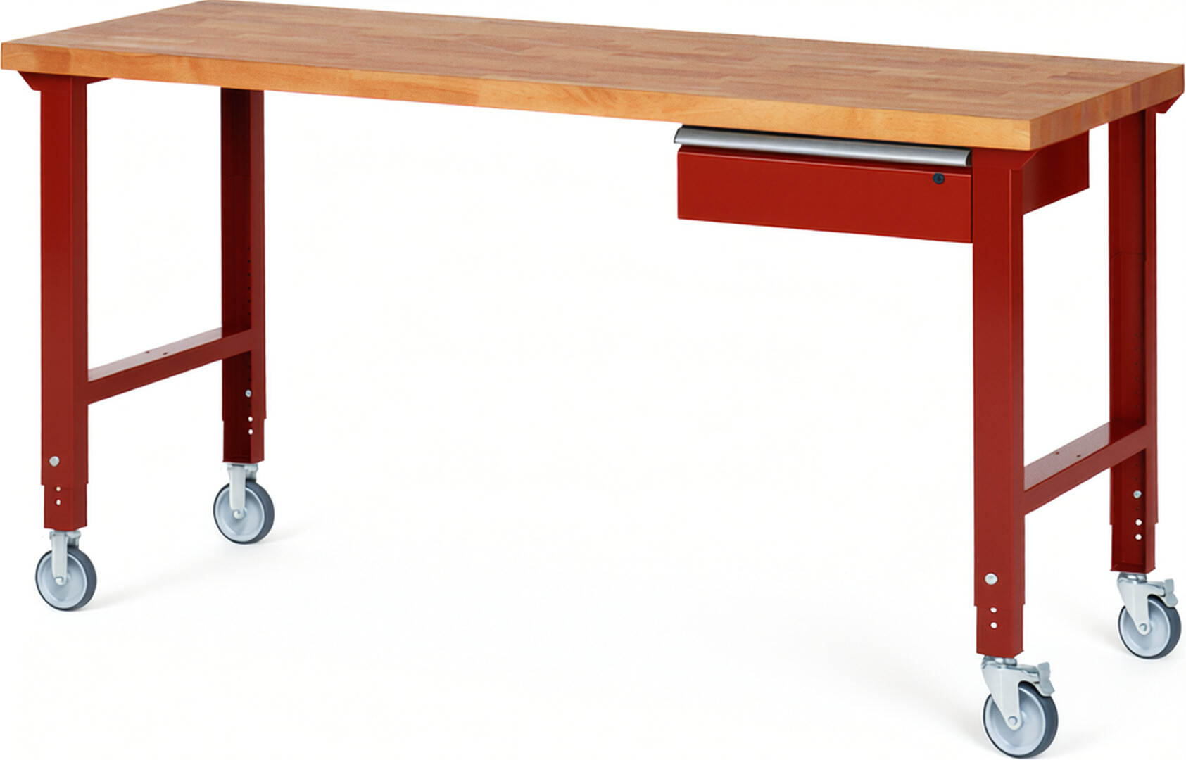 Fahrbare Werkbank Modell 7001 rot, BxTxH 2000x700x950-1000 mm,  Buche-Massiv Arbeitsplatte 40 mm,  1 Schublade mit  Auszug 90 %