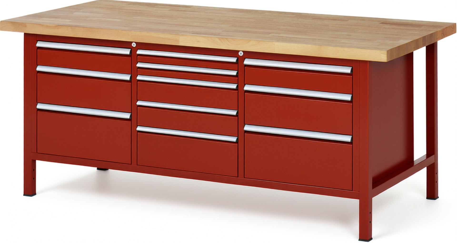 Werkbank Modell 8578 rot, BxTxH 2000x900x840 mm,  Buche-Massiv Arbeitsplatte 40 mm,  11 Schubladen mit  Vollauszug 100 % und  SoftClosing