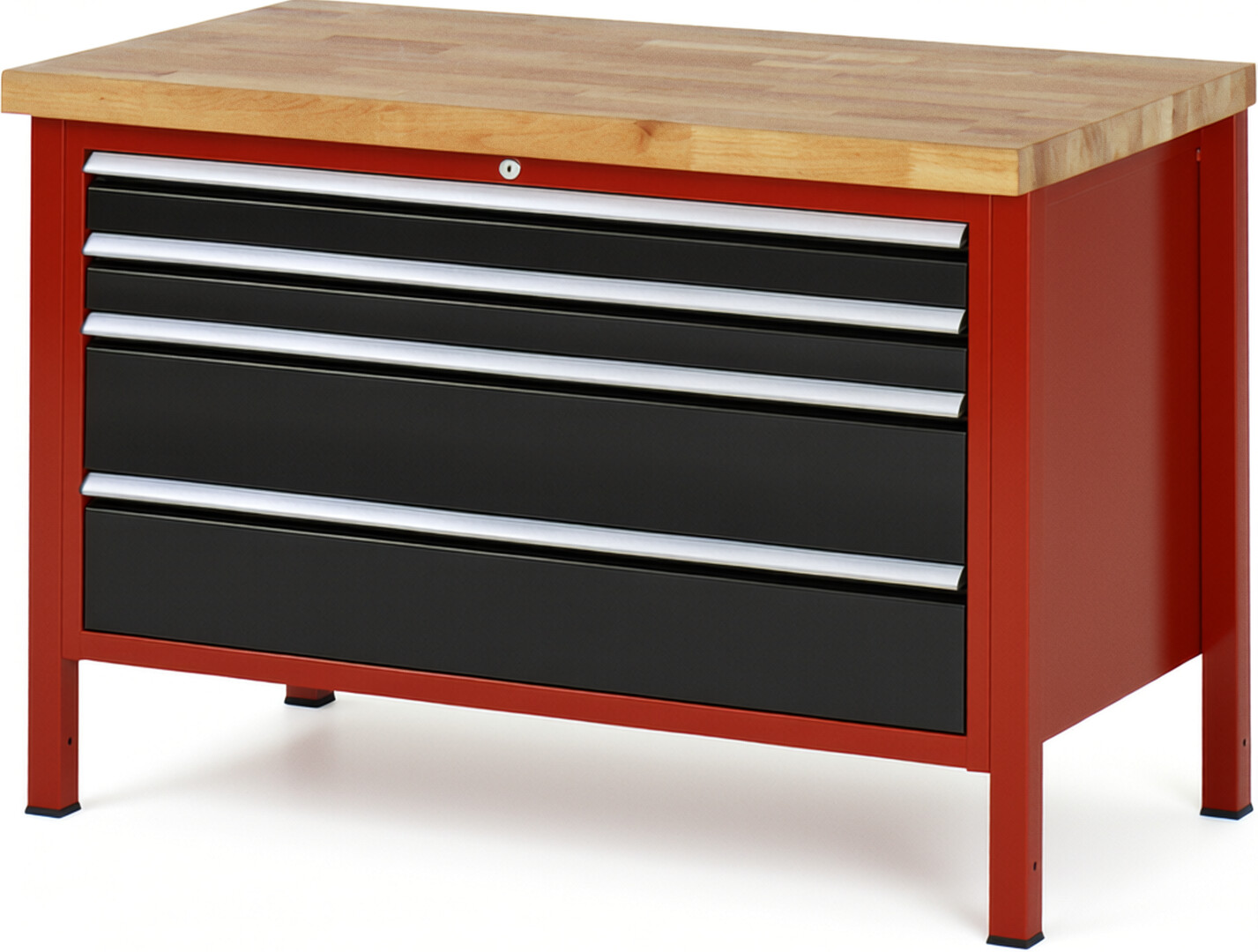 Werkbank Modell 8361 rot - schwarz, BxTxH 1250x700x840 mm,  Buche-Massiv Arbeitsplatte 40 mm,  4 Schubladen mit  Auszug 90 %