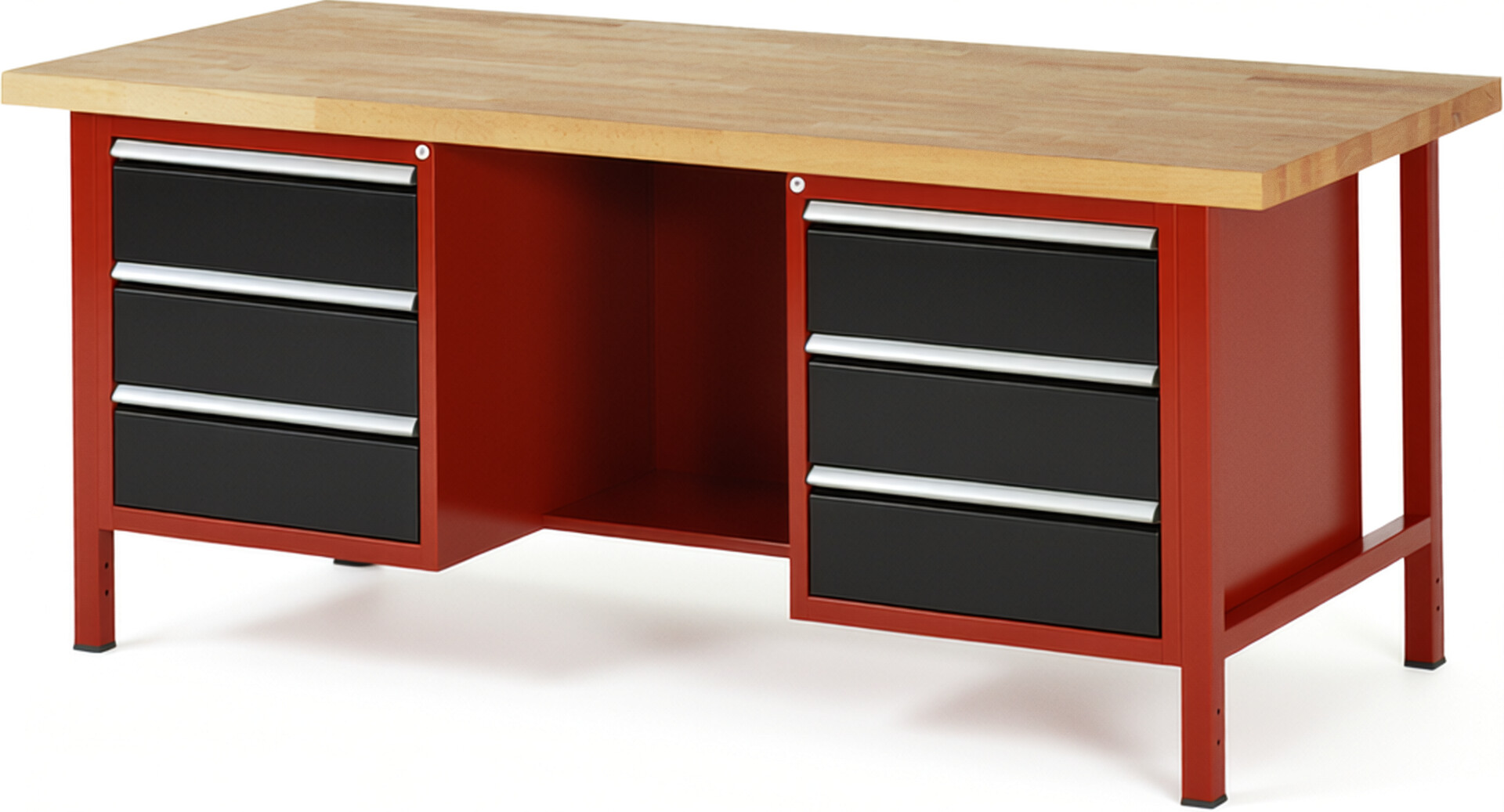 Werkbank Modell 8554 rot - schwarz, BxTxH 2000x900x840-1040 mm,  Buche-Massiv Arbeitsplatte 40 mm,  6 Schubladen mit  Vollauszug 100 % und  SoftClosing