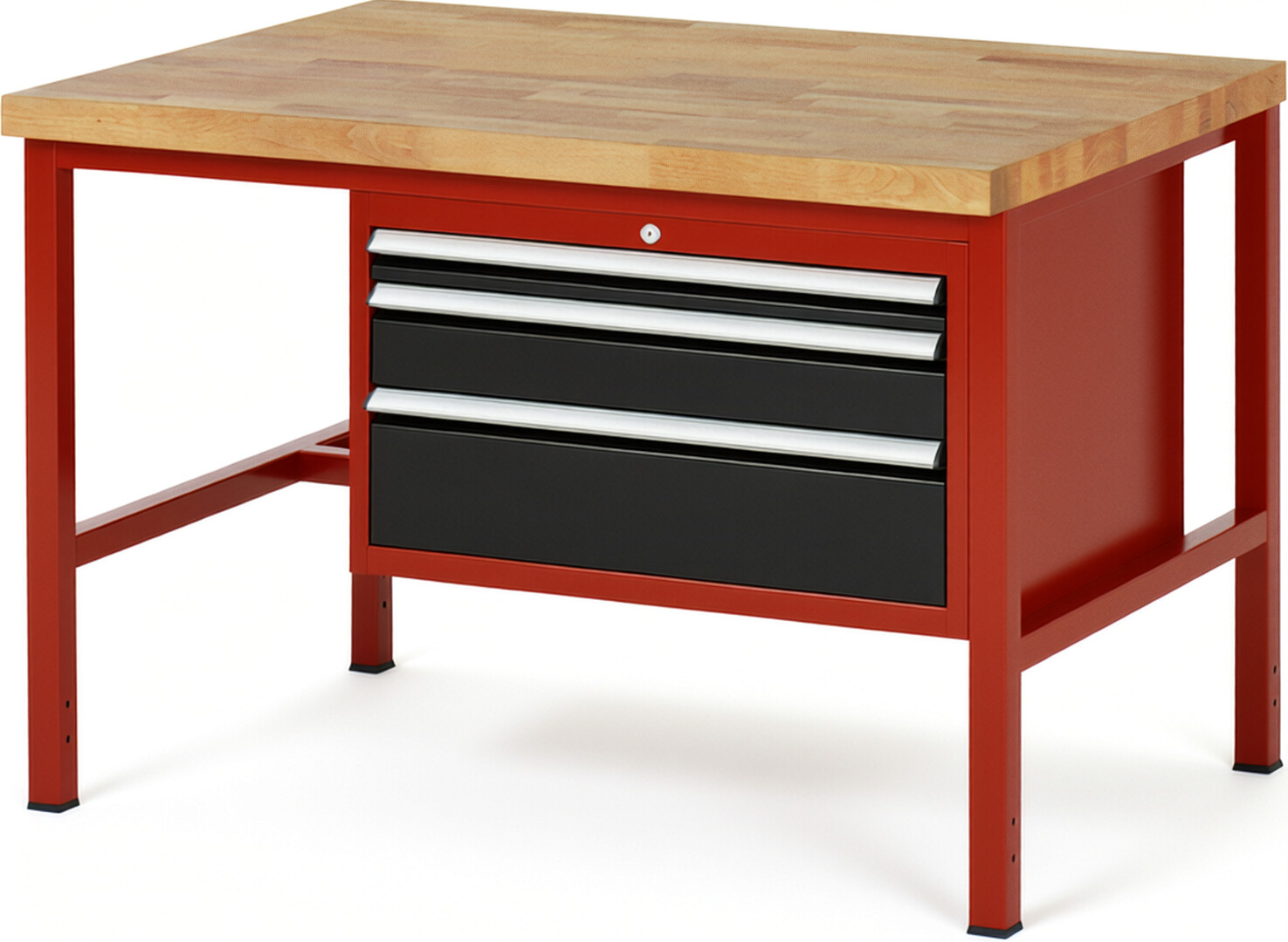 Werkbank Modell 8226 rot - schwarz, BxTxH 1250x900x840 mm,  Buche-Massiv Arbeitsplatte 40 mm,  3 Schubladen mit  Vollauszug 100 % und  SoftClosing