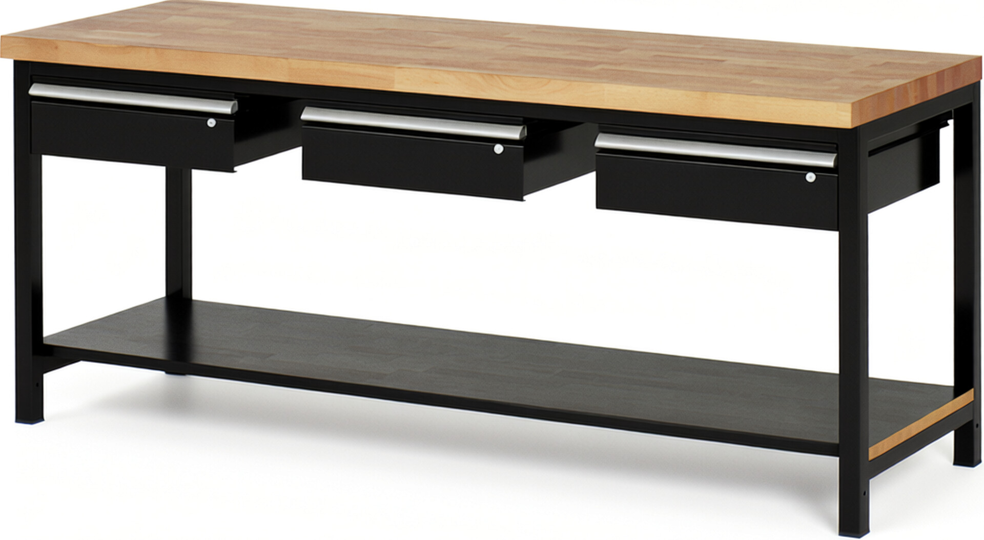 Werkbank Modell 8003 schwarz, BxTxH 2000x700x840 mm,  Buche-Massiv Arbeitsplatte 40 mm,  3 Schubladen mit  Auszug 90 %