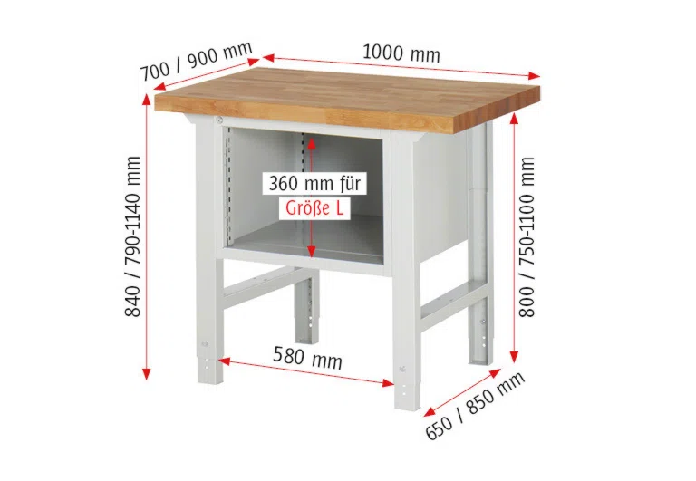 Werkbank Modell 7123 schwarz-rot, BxTxH 1000x700x840 mm,  Buche-Massiv Arbeitsplatte 40 mm,  2 Schubladen mit  Vollauszug 100 % und  SoftClosing