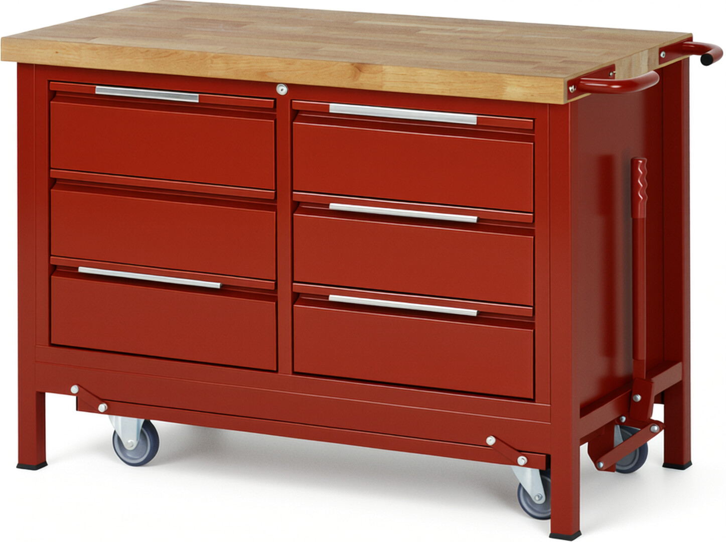 Absenkbare Werkbank - Modell 8473 BASIC rot, BxTxH 1250x700x880 mm,  Buche-Massiv Arbeitsplatte 40 mm,  6 Schubladen mit  Auszug 90 %