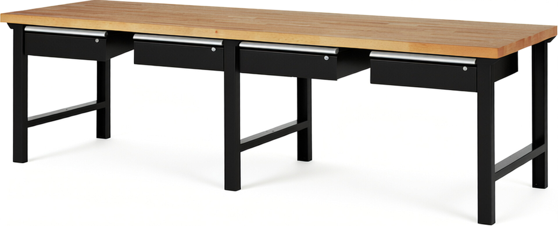 Werkbank Modell 7002 schwarz, BxTxH 3000x900x840 mm,  Buche-Massiv Arbeitsplatte 40 mm,  4 Schubladen mit  Auszug 90 %