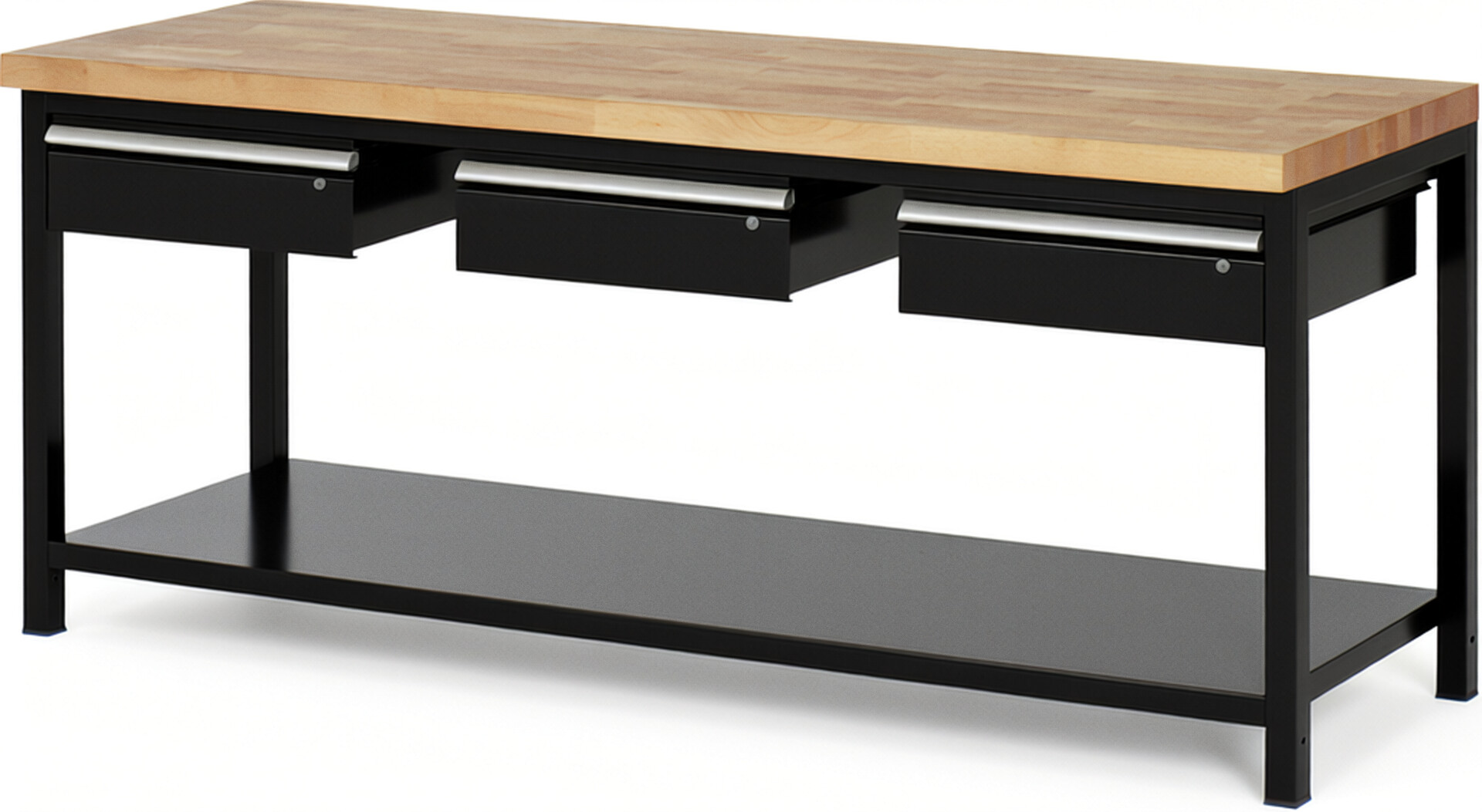 Werkbank Modell 8003 schwarz, BxTxH 2000x700x840-1040 mm,  Buche-Massiv Arbeitsplatte 40 mm,  3 Schubladen mit  Auszug 90 %