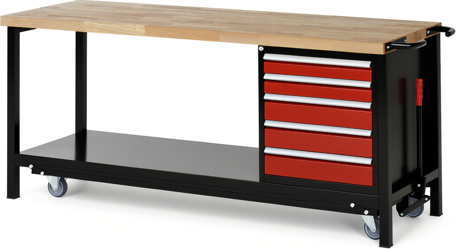 RAU Werkbank schwarz - rot - Breite 200 cm - Tiefe 70 cm - Höhe 88 cm - Buche-Massiv Arbeitsplatte 40 mm