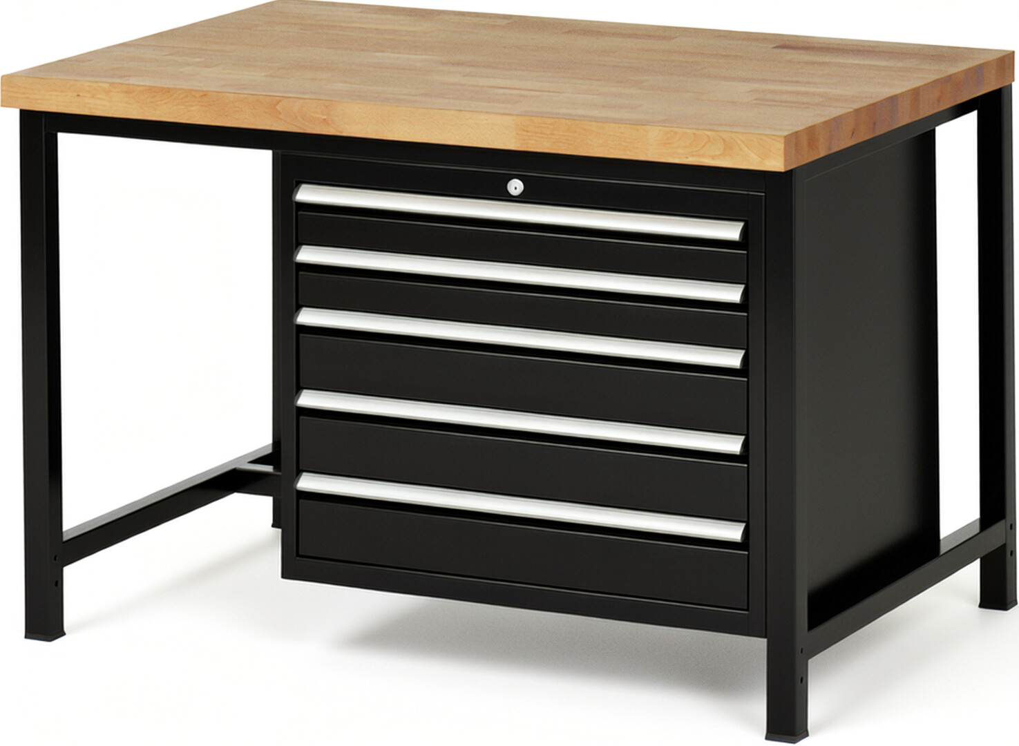 Werkbank Modell 8271 schwarz, BxTxH 1250x900x840 mm,  Buche-Massiv Arbeitsplatte 40 mm,  5 Schubladen mit  Auszug 90 %