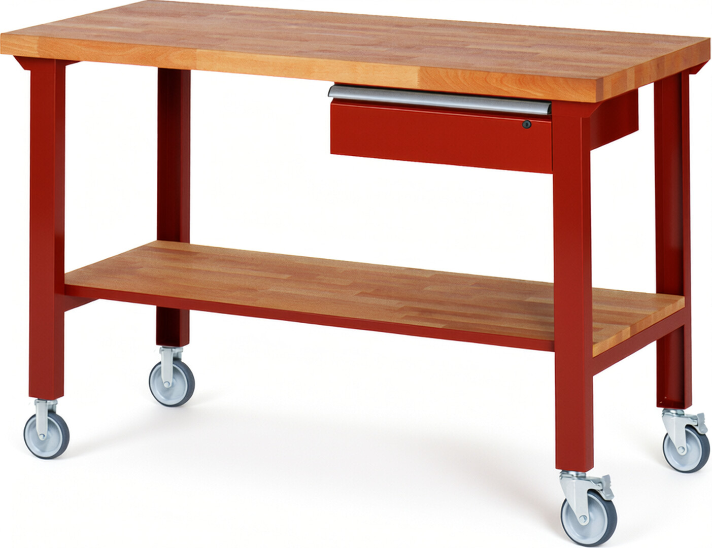 Fahrbare Werkbank Modell 7001 rot, BxTxH 1500x700x1000 mm,  Buche-Massiv Arbeitsplatte 40 mm,  1 Schublade mit  Auszug 90 %