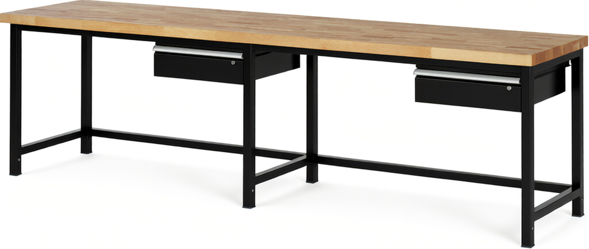 Werkbank Modell 8001 schwarz, BxTxH 3000x700x840-1040 mm,  Buche-Massiv Arbeitsplatte 40 mm,  2 Schubladen mit  Auszug 90 %