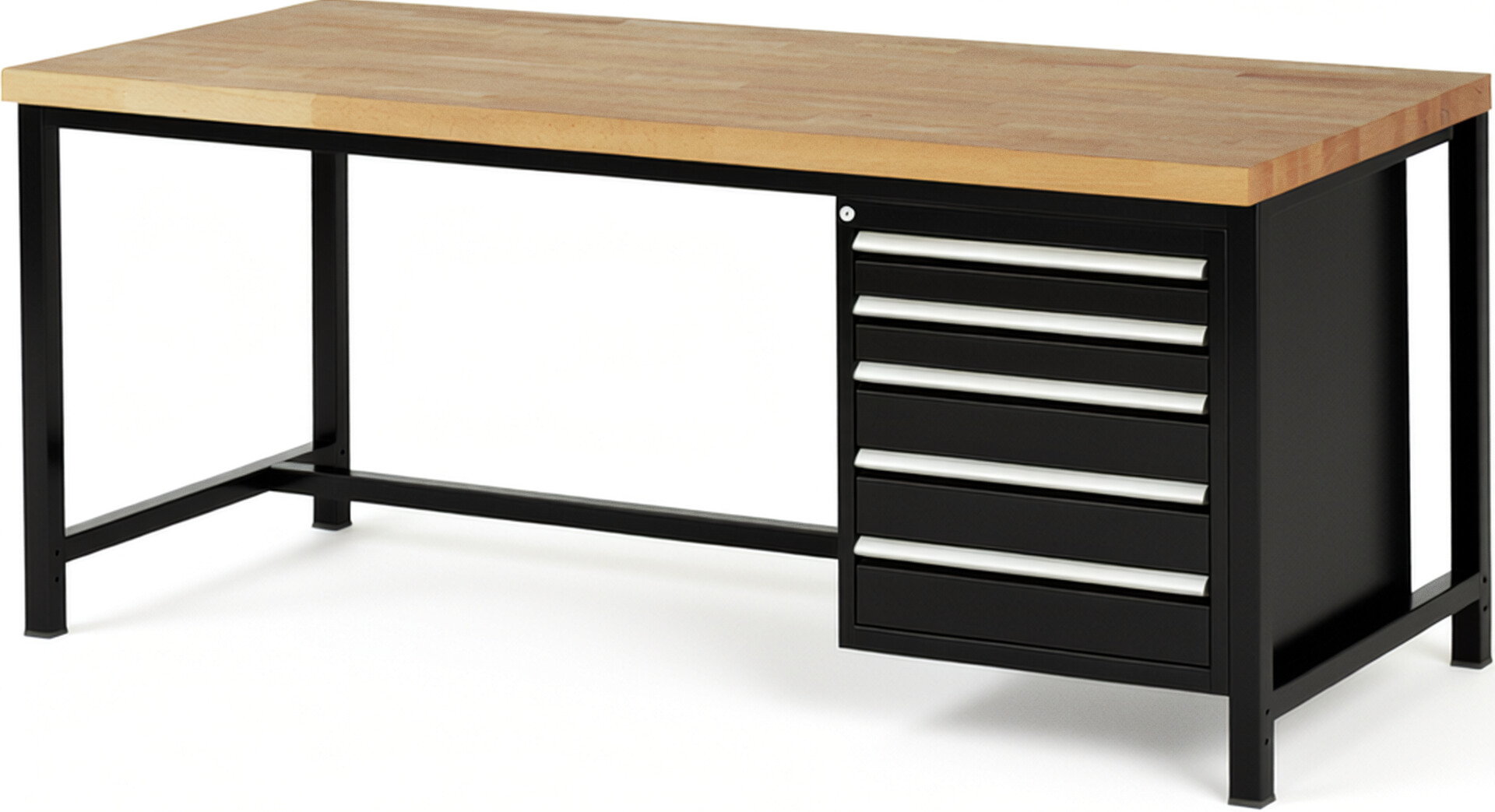 Werkbank Modell 8171 schwarz, BxTxH 2000x900x840-1040 mm,  Buche-Massiv Arbeitsplatte 40 mm,  5 Schubladen mit  Auszug 90 %