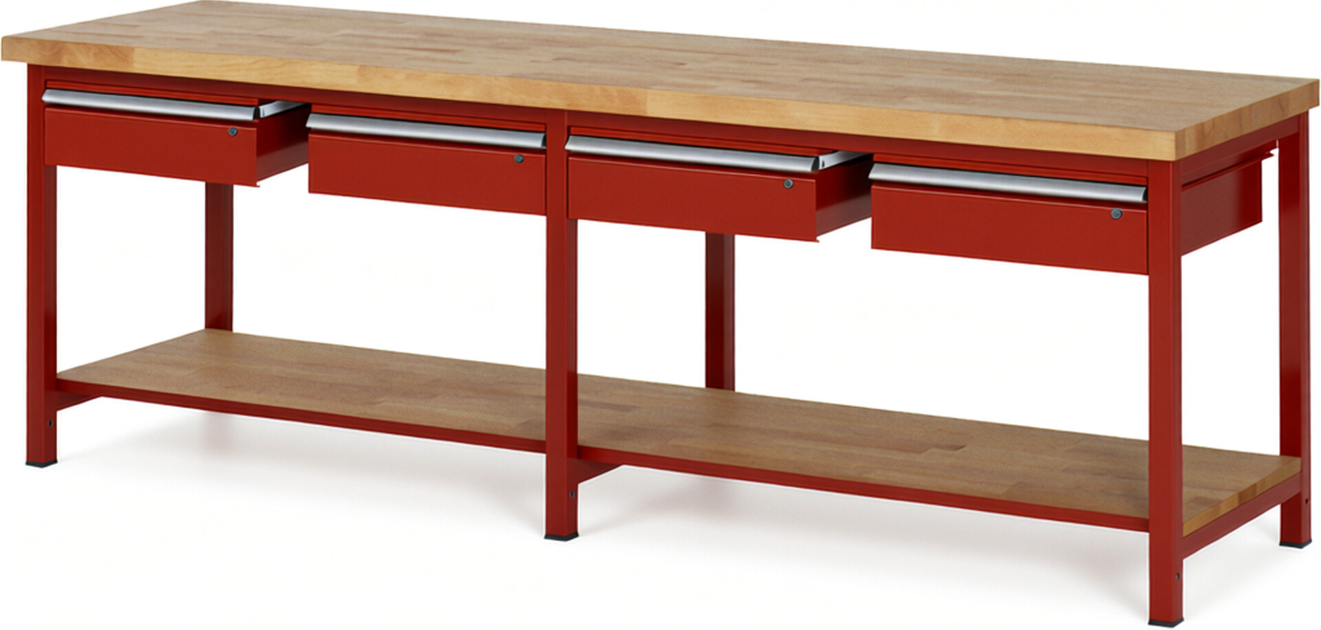 Werkbank Modell 8002 rot, BxTxH 2500x700x840-1040 mm,  Buche-Massiv Arbeitsplatte 40 mm,  4 Schubladen mit  Auszug 90 %