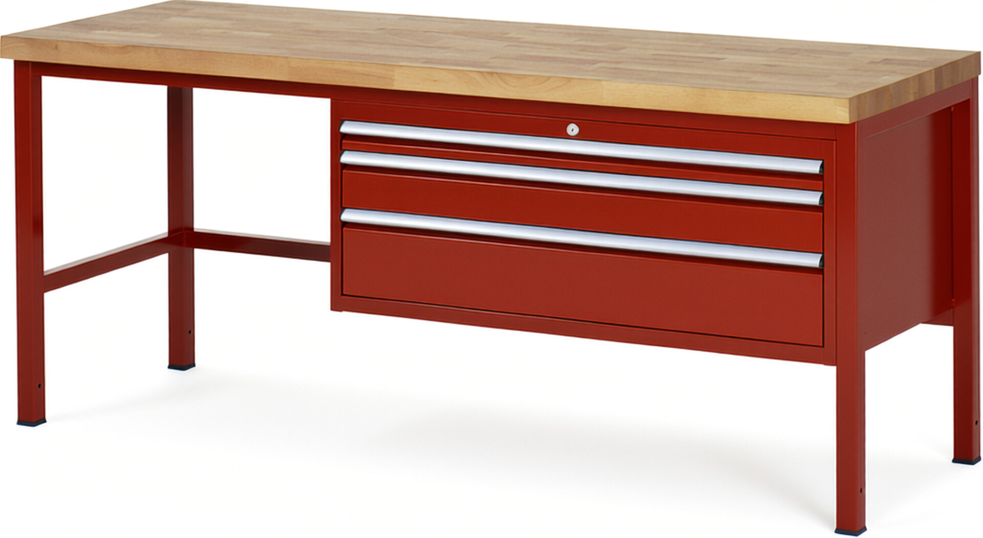 Werkbank Modell 8326 rot, BxTxH 2000x700x840-1040 mm,  Buche-Massiv Arbeitsplatte 40 mm,  3 Schubladen mit  Vollauszug 100 % und  SoftClosing
