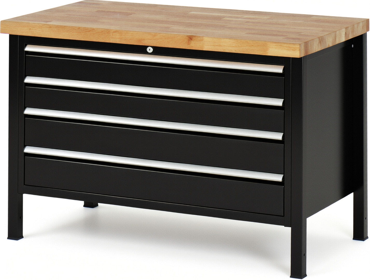 Werkbank Modell 8362 schwarz, BxTxH 1250x700x840 mm,  Buche-Massiv Arbeitsplatte 40 mm,  4 Schubladen mit  Vollauszug 100 % und  SoftClosing