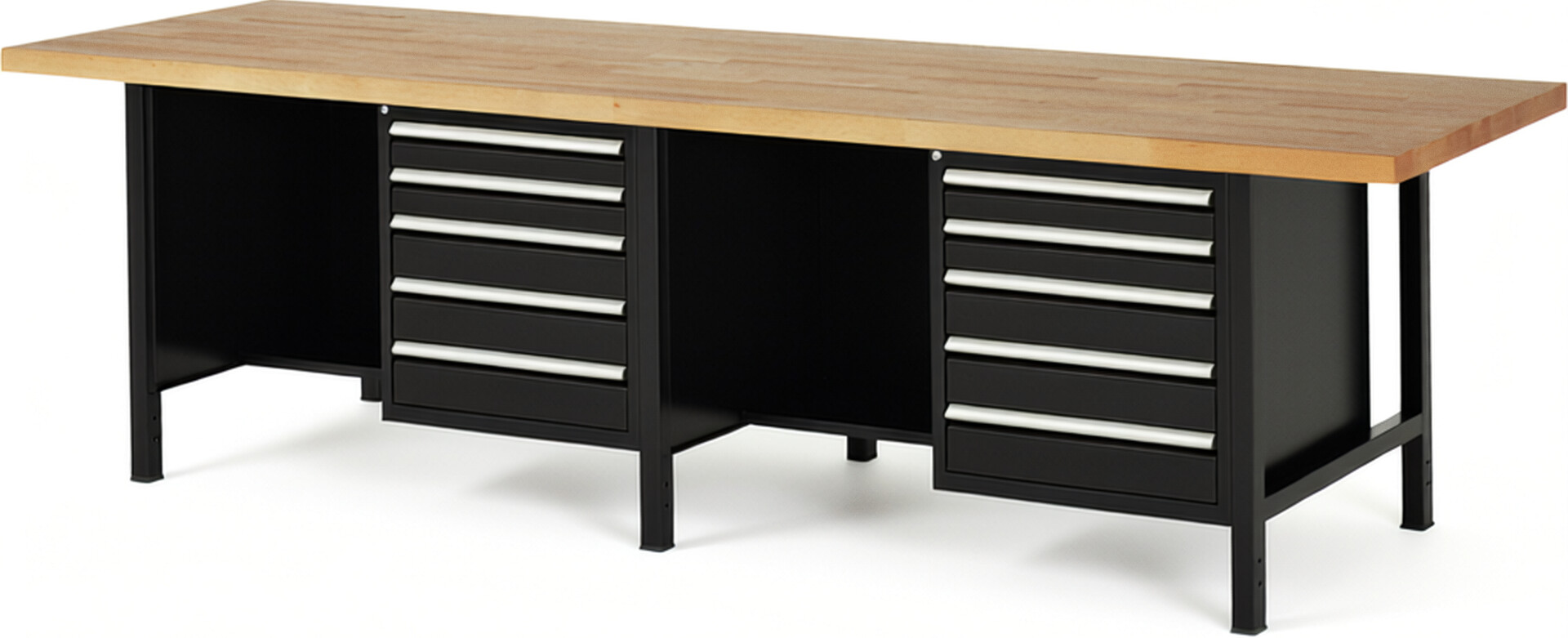Werkbank Modell 8454 schwarz, BxTxH 3000x900x840 mm,  Buche-Massiv Arbeitsplatte 40 mm,  10 Schubladen mit  Auszug 90 %
