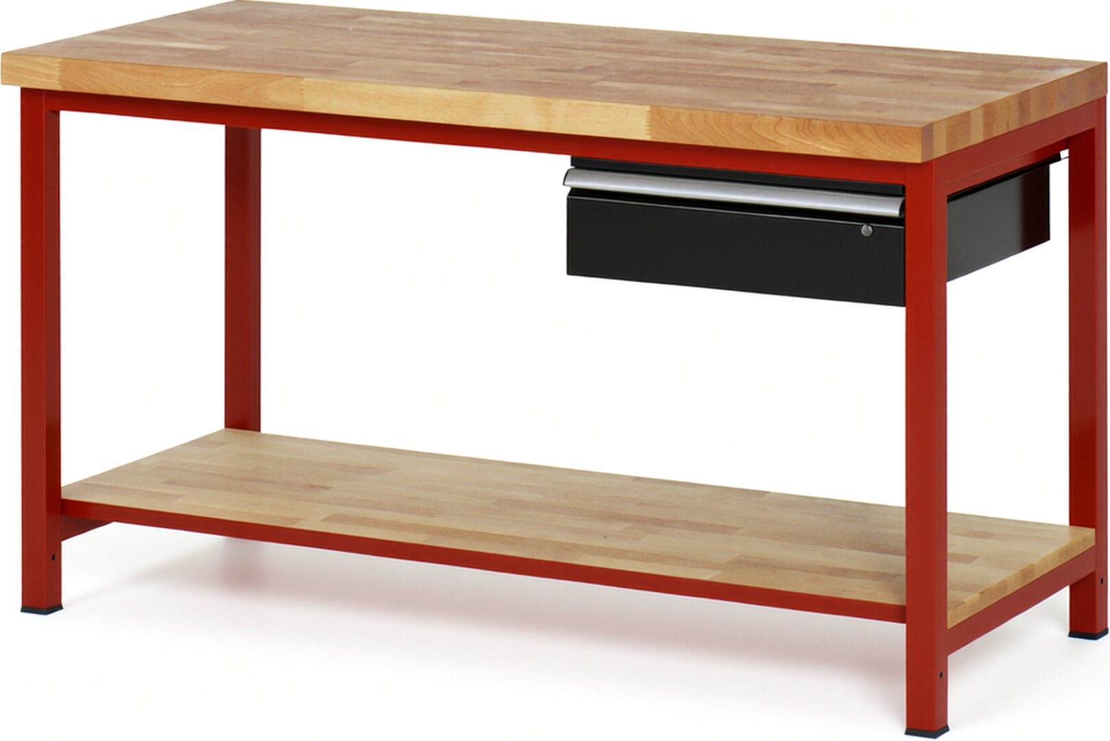 Werkbank Modell 8001 rot - schwarz, BxTxH 1500x700x840-1040 mm,  Buche-Massiv Arbeitsplatte 40 mm,  1 Schublade mit  Auszug 90 %