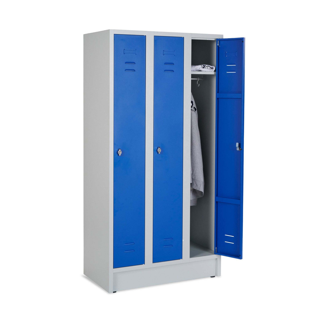 Kleiderspind, 3 Abteile, Abteilbreite 300 mm, Höhe 180 cm, Breite 90 cm, RAL 7035 Lichtgrau / RAL 5010 Enzianblau