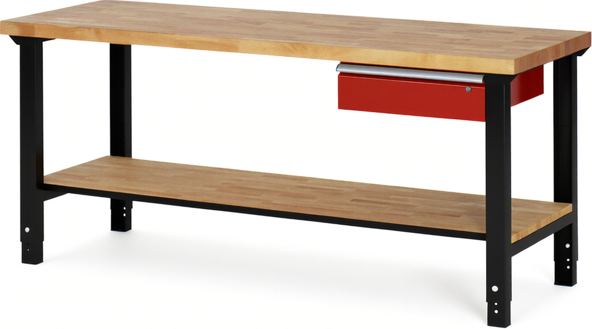 RAU Werkbank schwarz - rot - Breite 200 cm - Tiefe 70 cm - Höhe 114 cm - Buche-Massiv Arbeitsplatte 40 mm