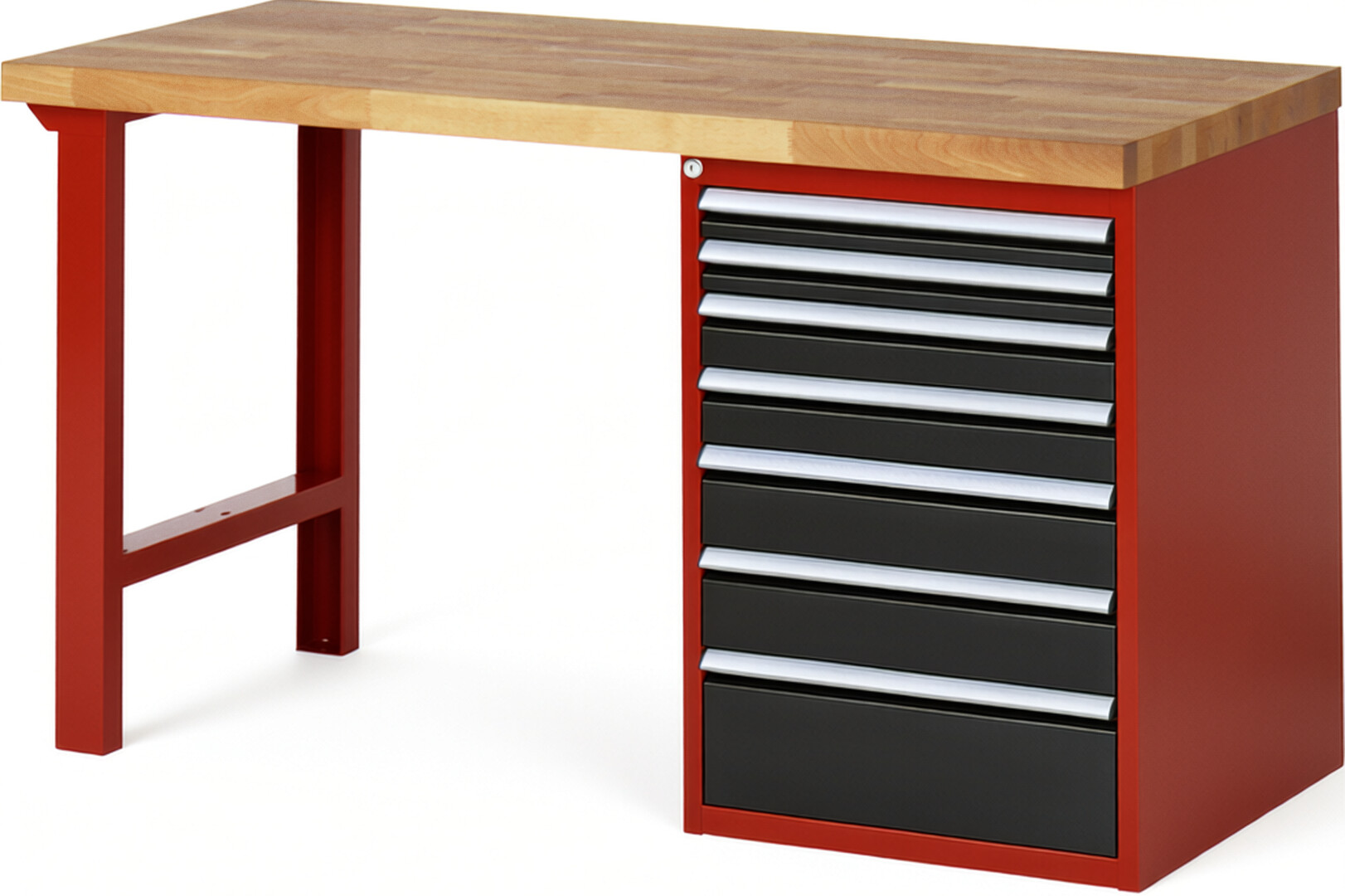 Werkbank Modell 7517 rot - schwarz, BxTxH 1500x700x890 mm,  Buche-Massiv Arbeitsplatte 40 mm,  7 Schubladen mit  Vollauszug 100 % und  SoftClosing