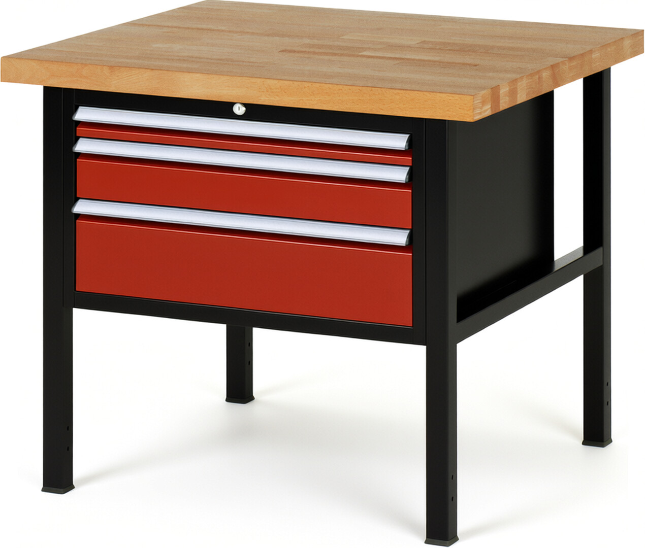 Werkbank Modell 8226 schwarz-rot, BxTxH 1000x900x840-1040 mm,  Buche-Massiv Arbeitsplatte 40 mm,  3 Schubladen mit  Auszug 90 %