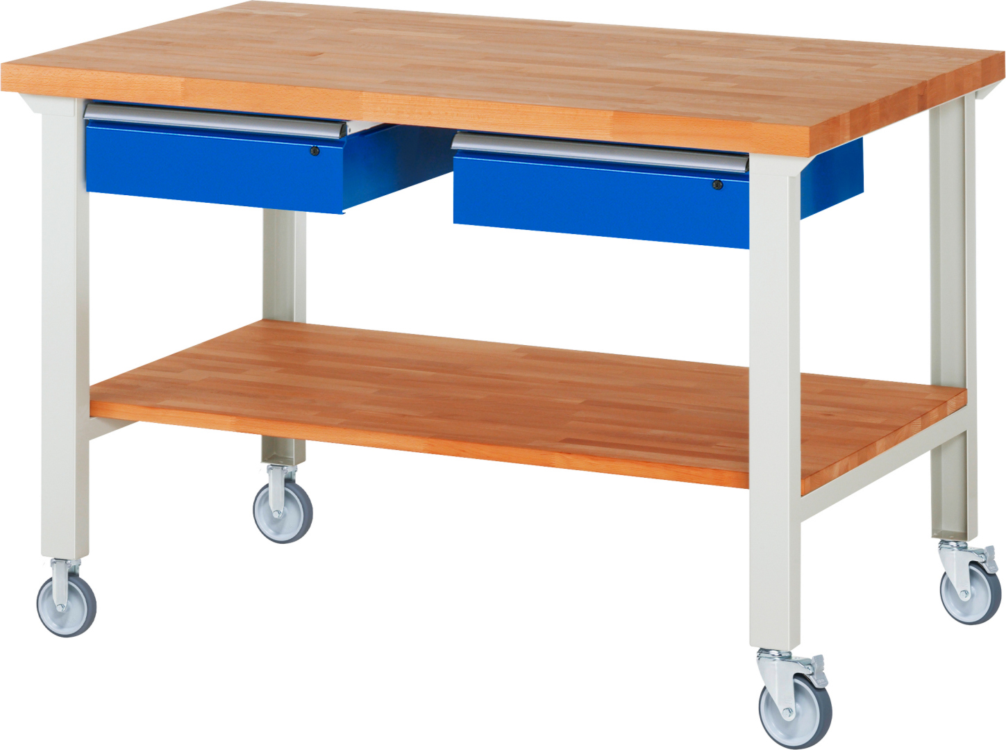 Fahrbare Werkbank Modell 7002,  BxTxH 1500x900x1000 mm,  Buche-Massiv Arbeitsplatte 40 mm,  2 Schubladen mit  Auszug 90 %