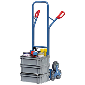 Sackkarre, Stahlrohr-Treppenkarre, Schaufel-BxT 320x250 mm, HxB 1300x590 mm, Traglast 200 kg, 2 dreiarmige Radsterne Vollgummibereifung, RAL 5007 brillantblau