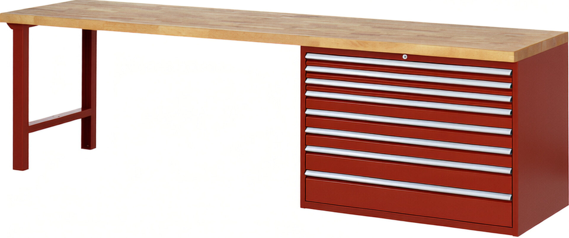 RAU Werkbank rot - Breite 300 cm - Tiefe 70 cm - Höhe 84 cm - Buche-Massiv Arbeitsplatte 40 mm