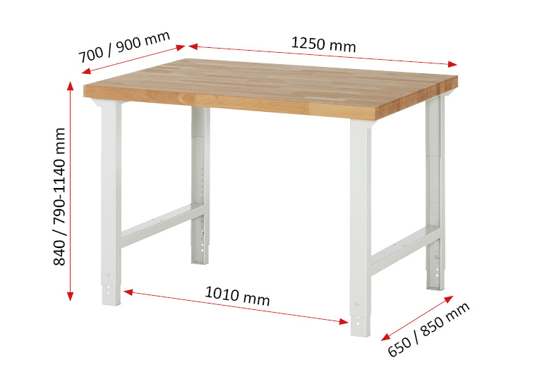 Werkbank Modell 7000 schwarz, BxTxH 1250x700x790-1140 mm,  Buche-Massiv Arbeitsplatte 40 mm